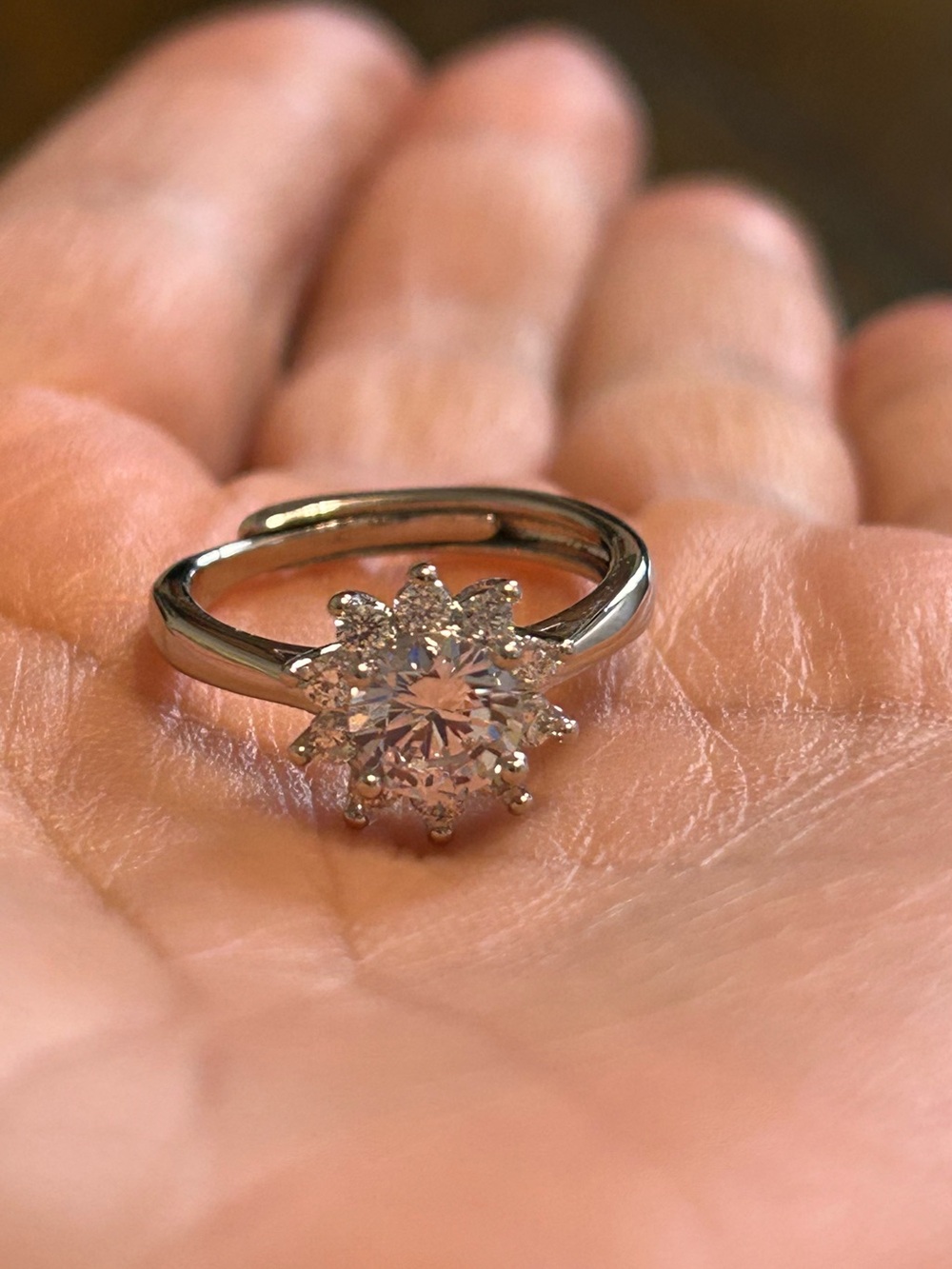 CZ Silver Plated Sparkling Halo Flower Ring - size 7